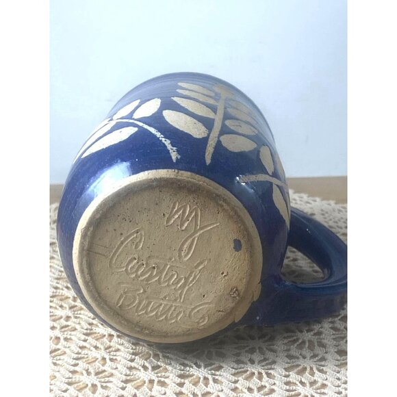 Handcrafted Blue Ceramic Mug With Gold Leaf Design By Contact Bridge 16 Oz - Picture 5 of 6